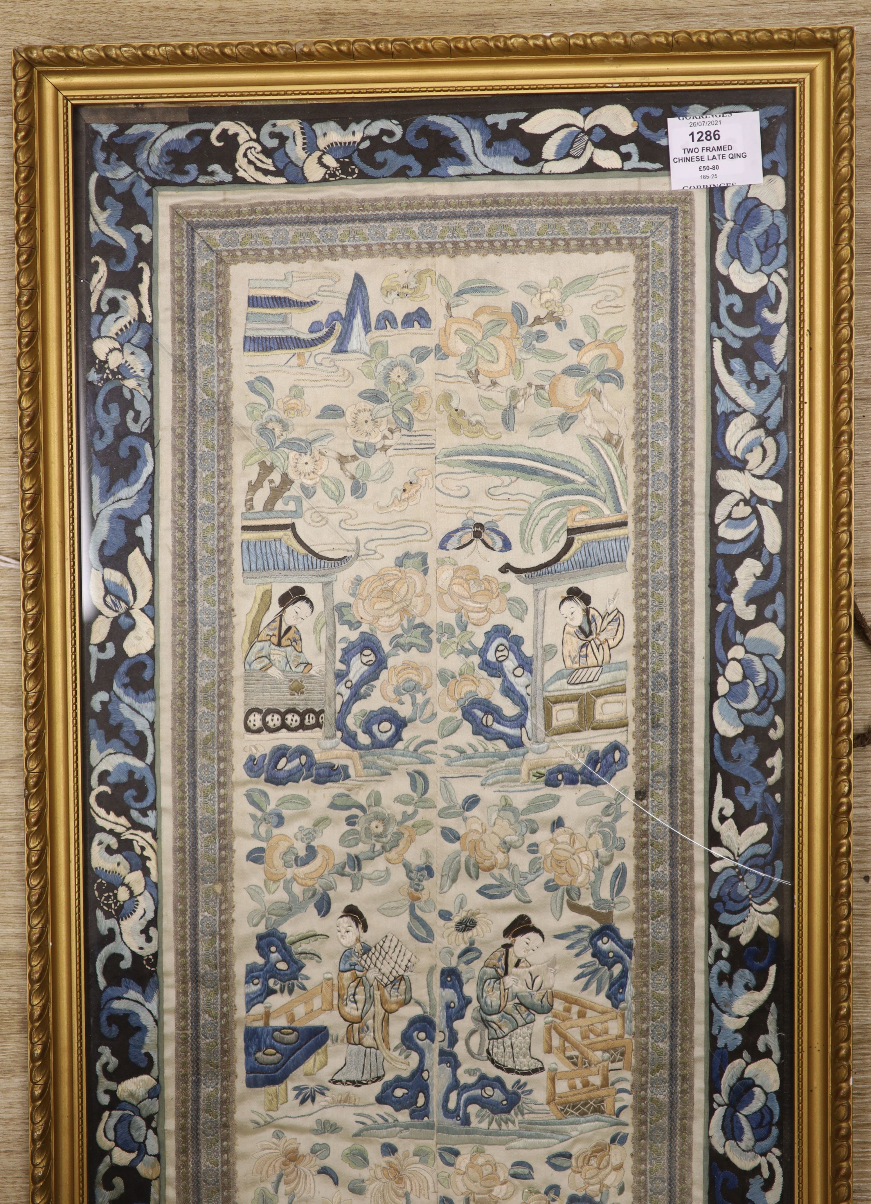 Two framed Chinese late Qing embroidered silk panels 71 x 39cm & 62 x 32cm